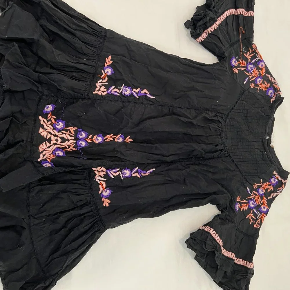 Free People Pavlo Ruffle Mini Dress Black Embroidered - Picture 2 of 4